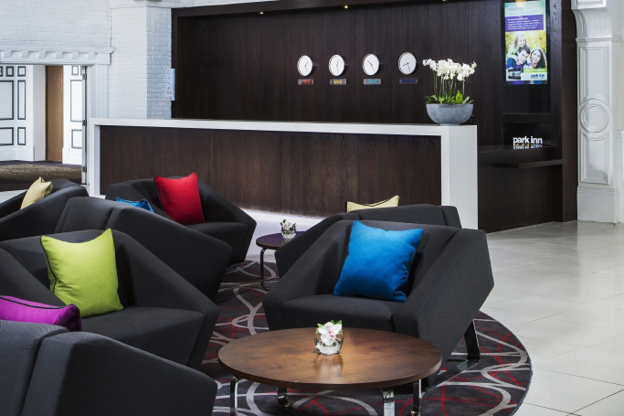Colourful modern lobby of Park Inn Cardiff