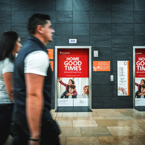 Principality advert on elevator in St David's Shopping Centre